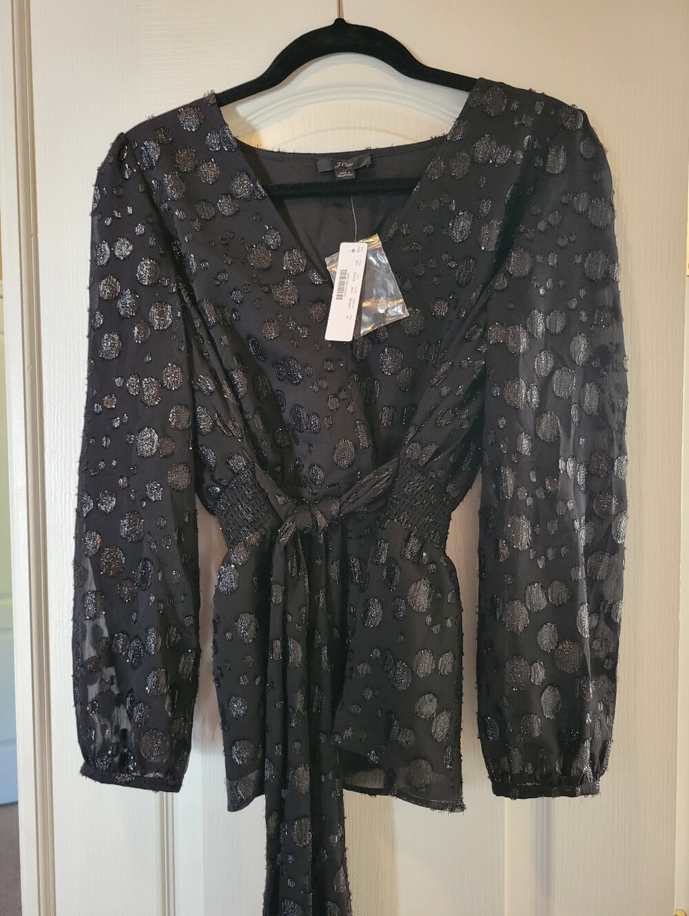 J Crew Black Metallic Polka Dot Wrap Top Blouse Tie Waist Holiday Party Size M
